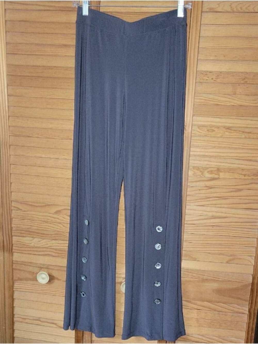 Last Tango Dark Grey Wide Leg Pull On Pants Button Detail Hem Made USA Size S